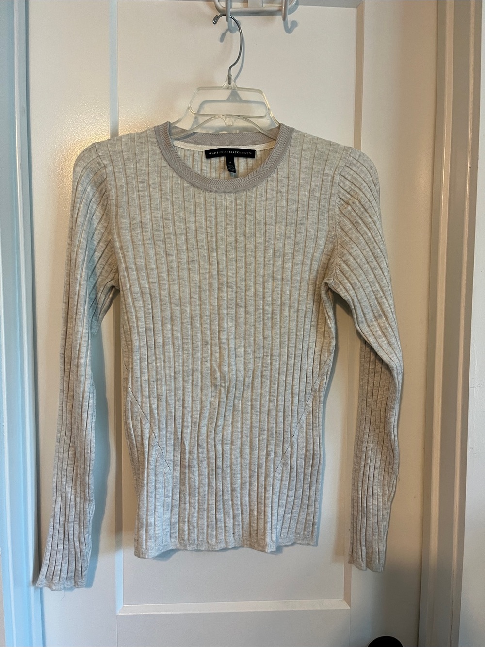 White House Black Market Ribbed Crewneck Sweater in Light Taupe